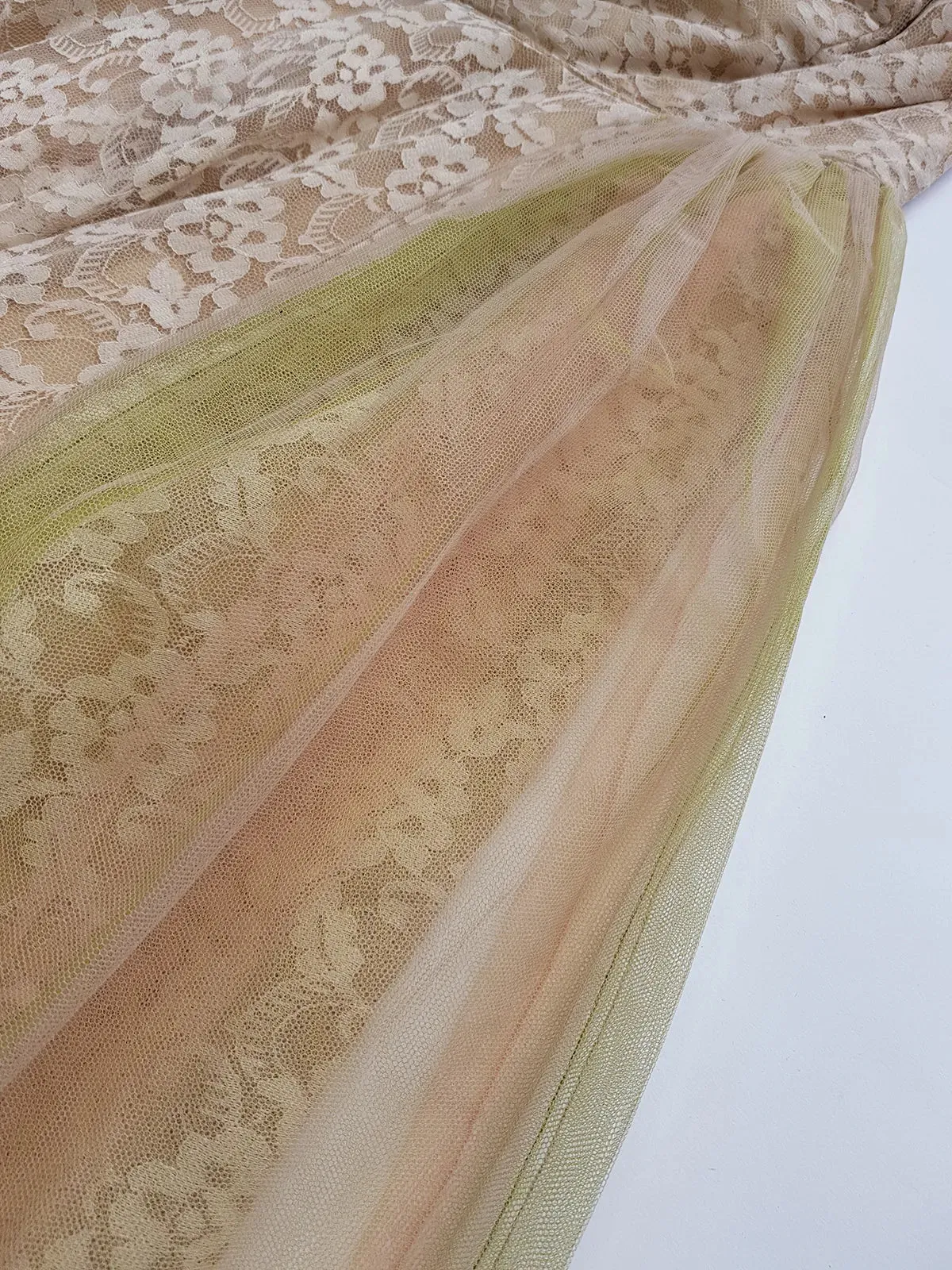 1950s One of a Kind Couture Standout Piece -  Frothy Matcha Latte Lace Gown - Halter Top & Tailored Bust - Unique Tones of Latte & Muted Matcha Greens - Structural Mesh Bust & Skirt Features - Multiple Layers of Lace & Mesh