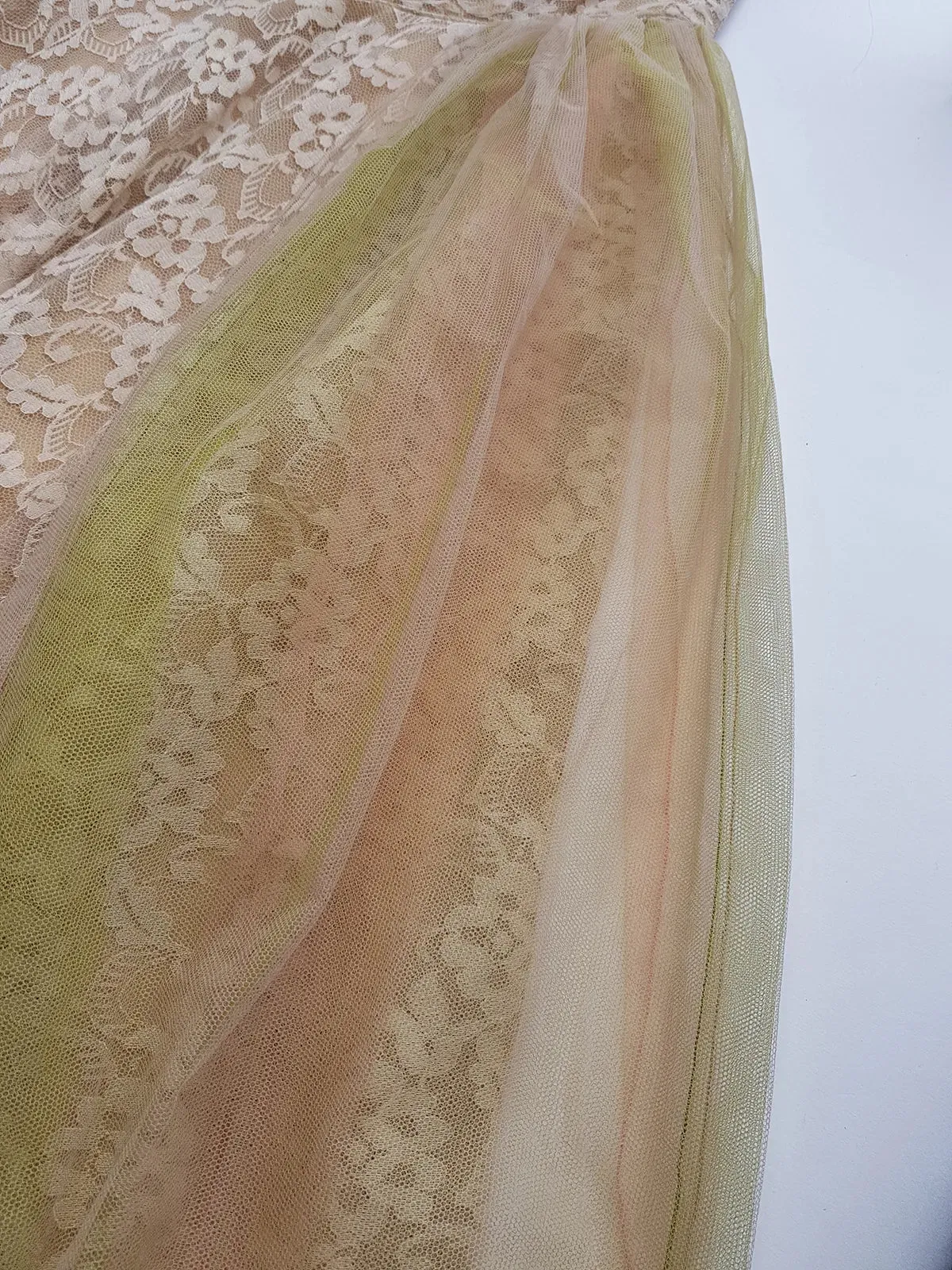 1950s One of a Kind Couture Standout Piece -  Frothy Matcha Latte Lace Gown - Halter Top & Tailored Bust - Unique Tones of Latte & Muted Matcha Greens - Structural Mesh Bust & Skirt Features - Multiple Layers of Lace & Mesh