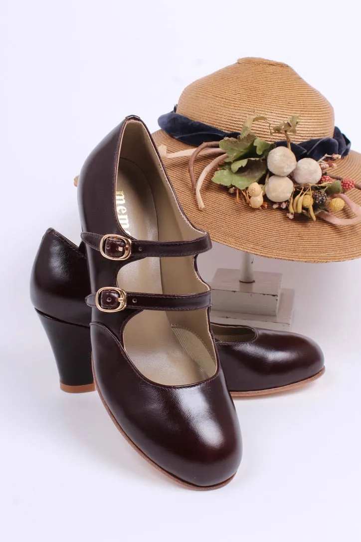 20s / early 30s style leather pumps with two adjustable ankle straps - Dark brown - Judy