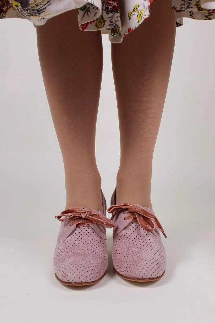 40's vintage style pumps in suede with lace, Dark Powder Rose - Esther