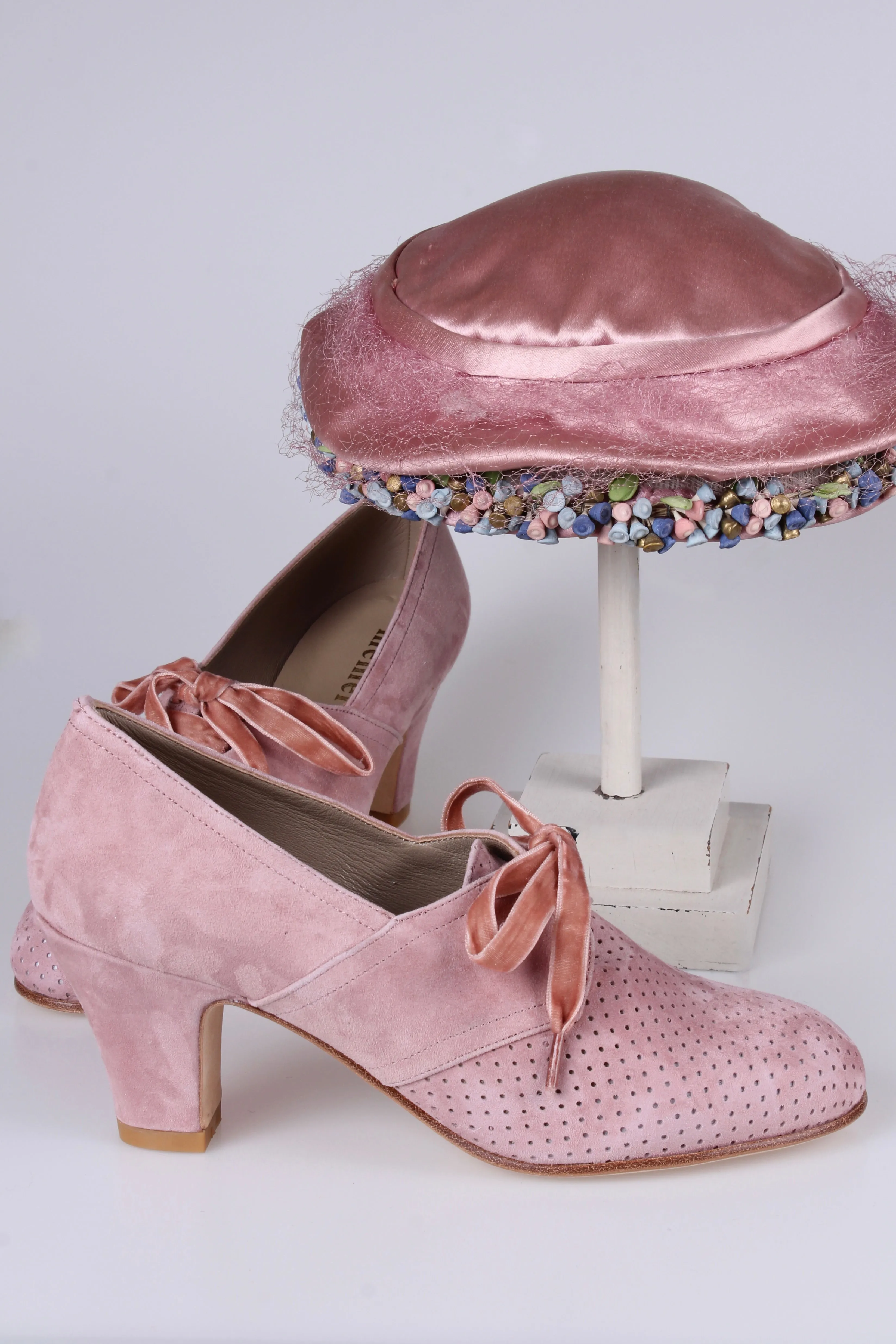 40's vintage style pumps in suede with lace, Dark Powder Rose - Esther