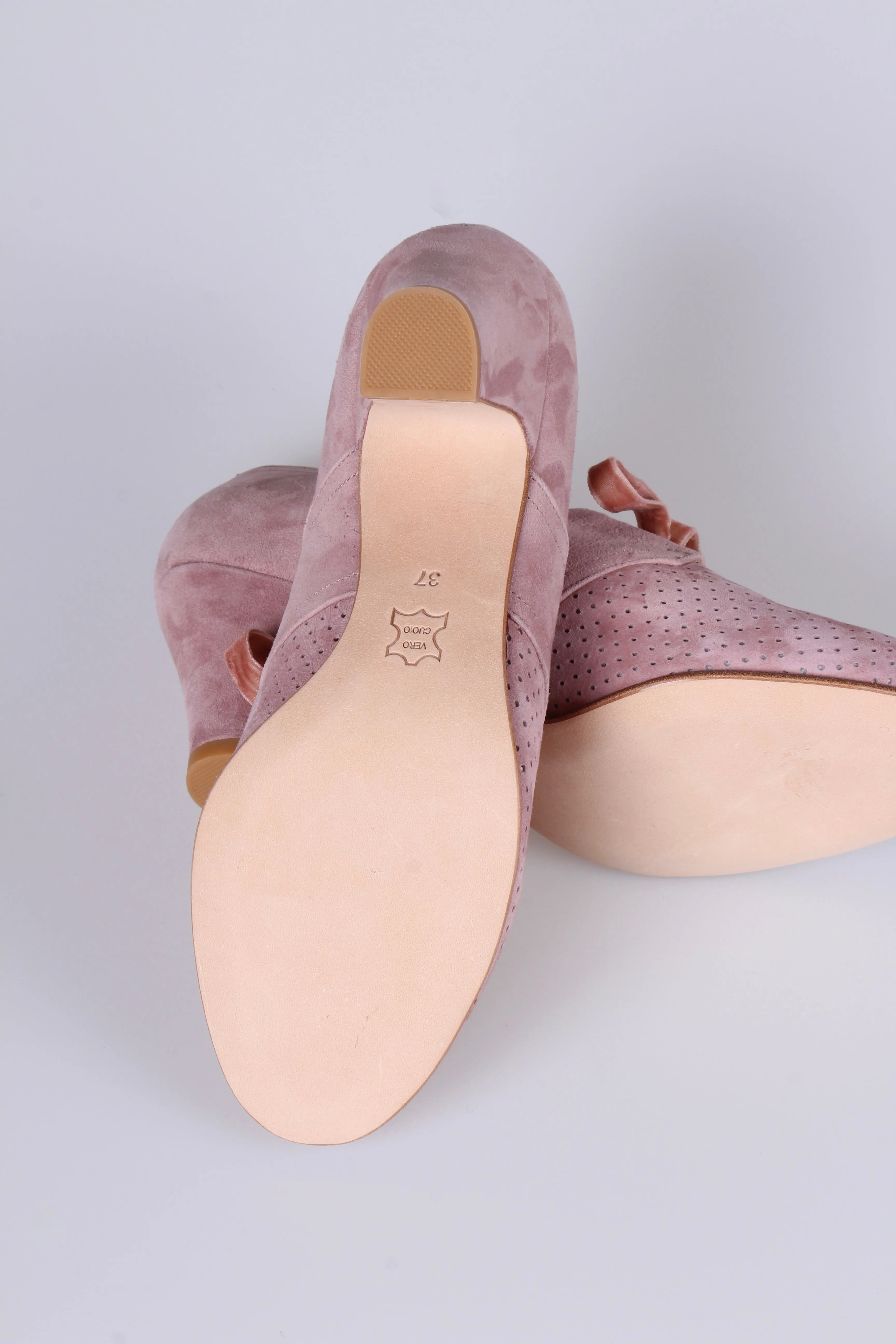 40's vintage style pumps in suede with lace, Dark Powder Rose - Esther