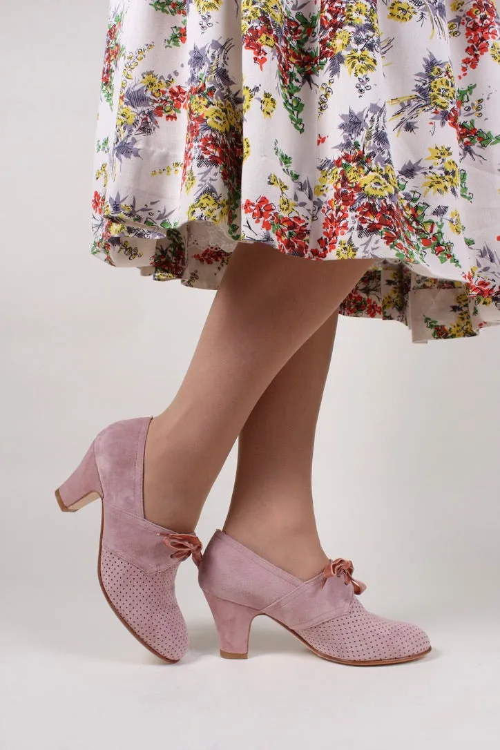 40's vintage style pumps in suede with lace, Dark Powder Rose - Esther