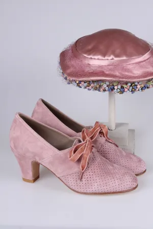 40's vintage style pumps in suede with lace, Dark Powder Rose - Esther