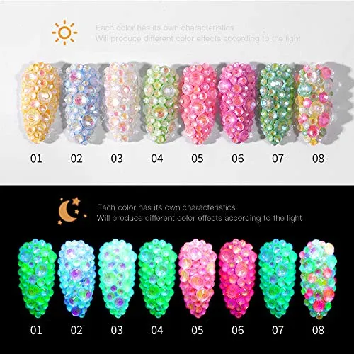 8 Pack 1988 pcs Luminous Crystal Nail Art Rhinestone Decorations 3D Glitter Diamond Jewelly Glow In The Dark Rhinestone Decorations Nail Art DIY Crafts Phones Clothes Shoes Jewelry Bag (Forest Fairy)