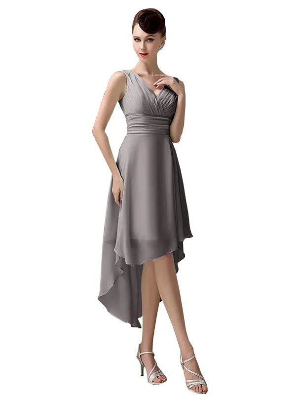 A-line Chiffon V-Neck High-Low Short Beach Bridesmaid Dresses
