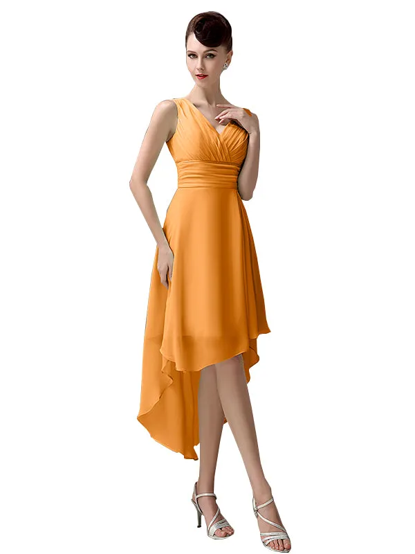 A-line Chiffon V-Neck High-Low Short Beach Bridesmaid Dresses
