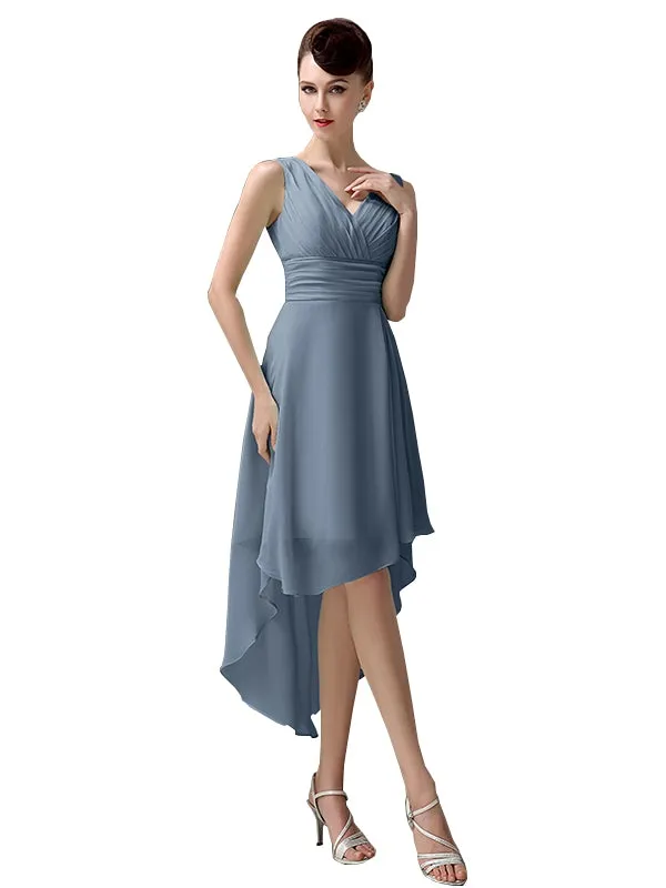 A-line Chiffon V-Neck High-Low Short Beach Bridesmaid Dresses