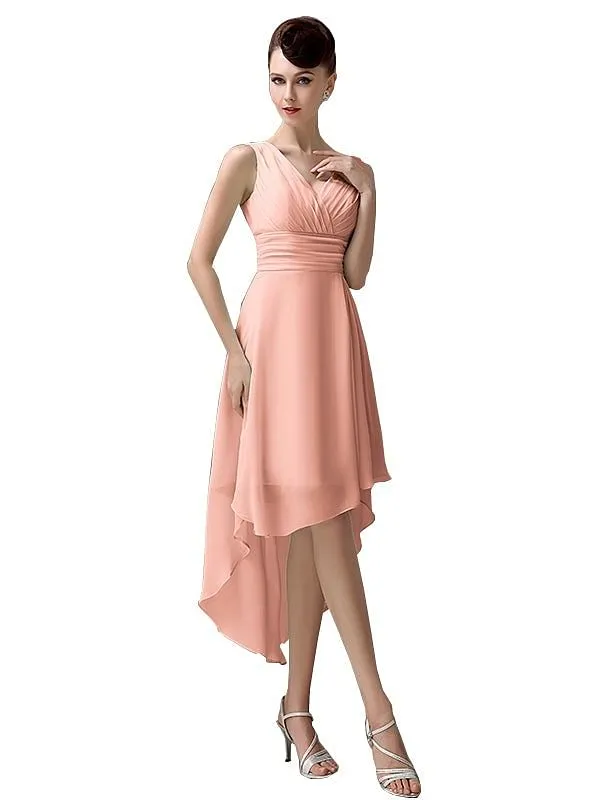 A-line Chiffon V-Neck High-Low Short Beach Bridesmaid Dresses