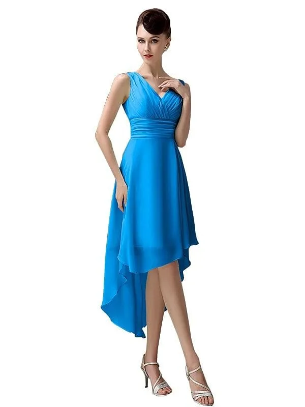 A-line Chiffon V-Neck High-Low Short Beach Bridesmaid Dresses