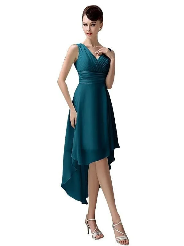 A-line Chiffon V-Neck High-Low Short Beach Bridesmaid Dresses