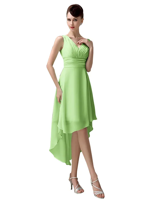 A-line Chiffon V-Neck High-Low Short Beach Bridesmaid Dresses