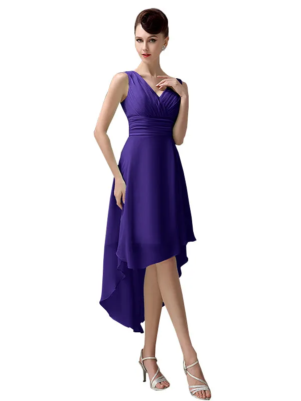 A-line Chiffon V-Neck High-Low Short Beach Bridesmaid Dresses