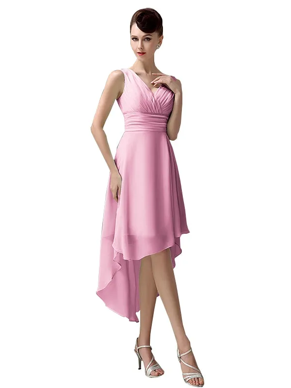 A-line Chiffon V-Neck High-Low Short Beach Bridesmaid Dresses