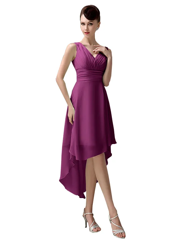 A-line Chiffon V-Neck High-Low Short Beach Bridesmaid Dresses