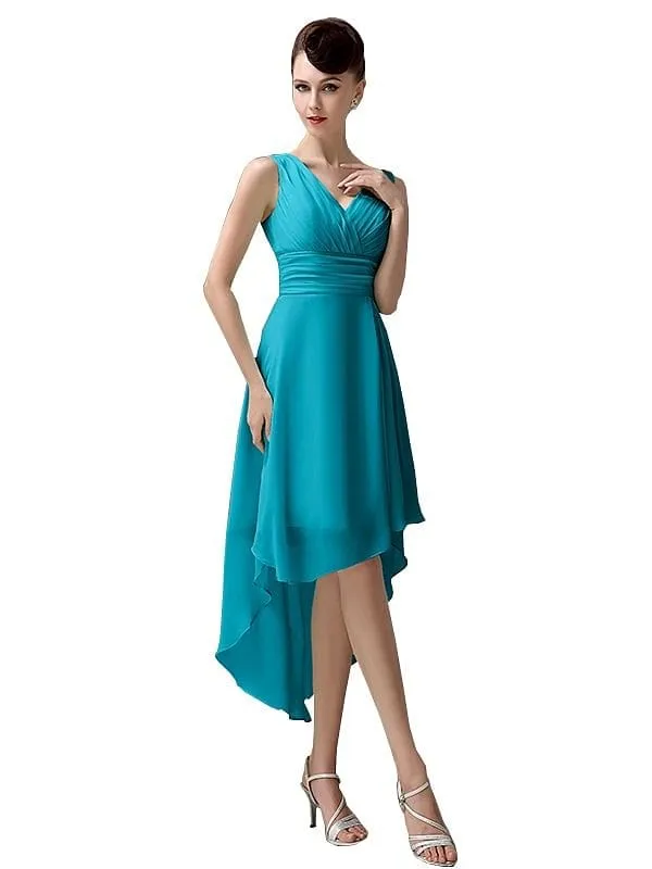 A-line Chiffon V-Neck High-Low Short Beach Bridesmaid Dresses