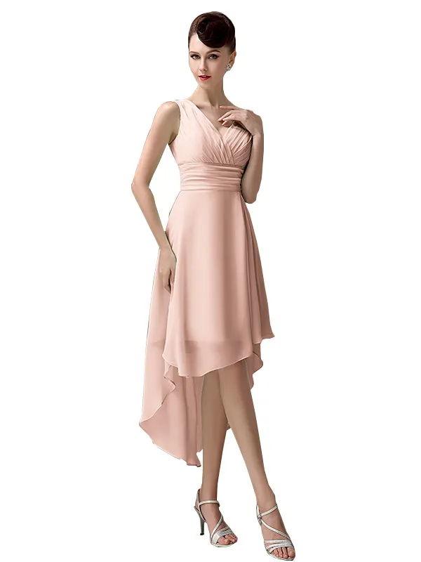 A-line Chiffon V-Neck High-Low Short Beach Bridesmaid Dresses