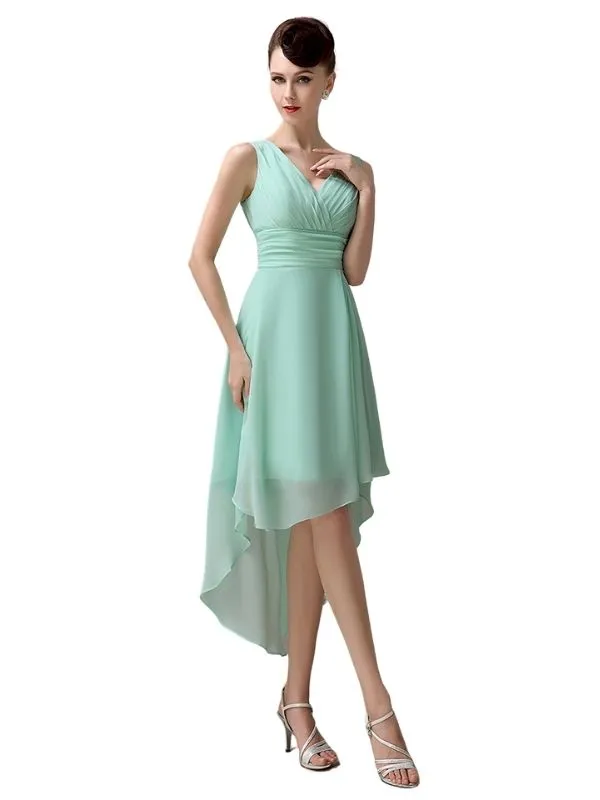 A-line Chiffon V-Neck High-Low Short Beach Bridesmaid Dresses