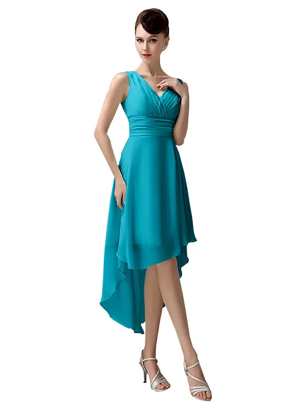 A-line Chiffon V-Neck High-Low Short Beach Bridesmaid Dresses