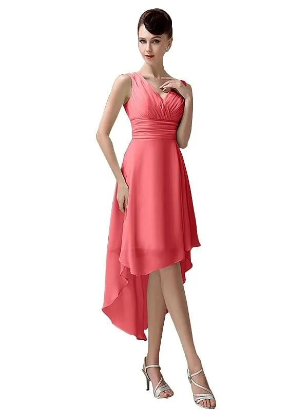 A-line Chiffon V-Neck High-Low Short Beach Bridesmaid Dresses