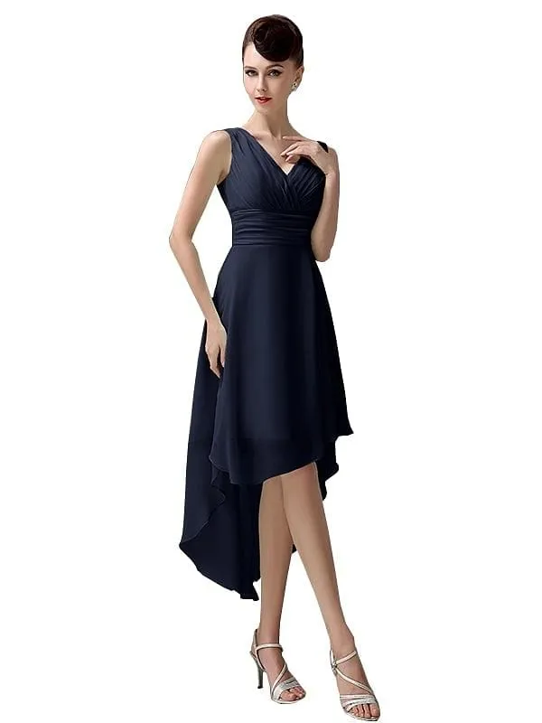 A-line Chiffon V-Neck High-Low Short Beach Bridesmaid Dresses
