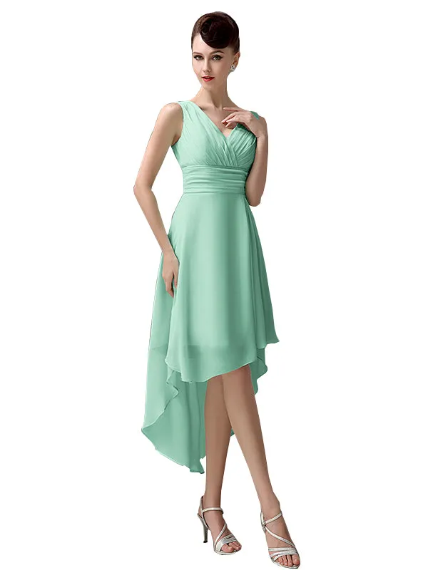 A-line Chiffon V-Neck High-Low Short Beach Bridesmaid Dresses