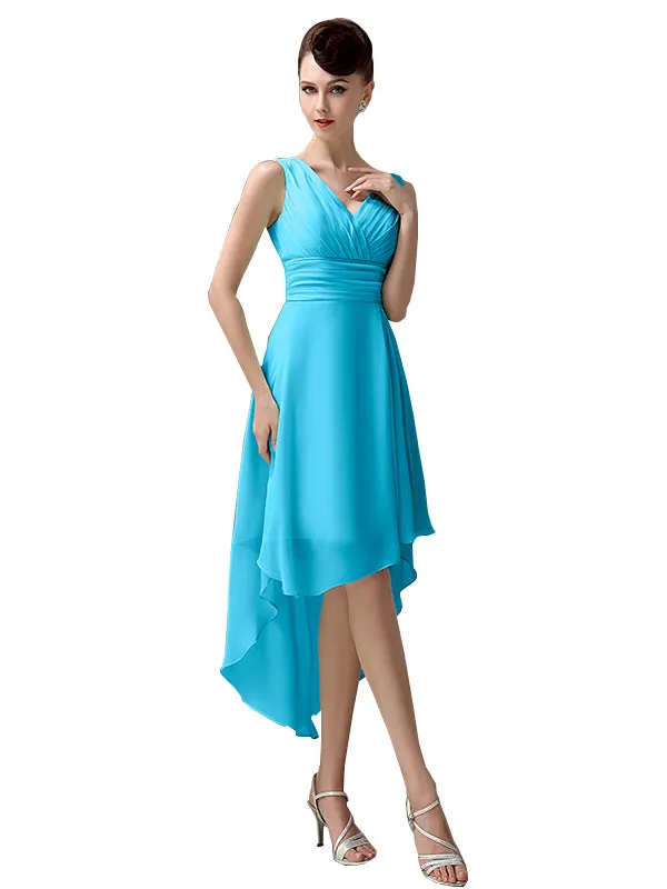 A-line Chiffon V-Neck High-Low Short Beach Bridesmaid Dresses