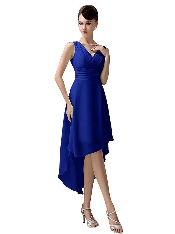 A-line Chiffon V-Neck High-Low Short Beach Bridesmaid Dresses