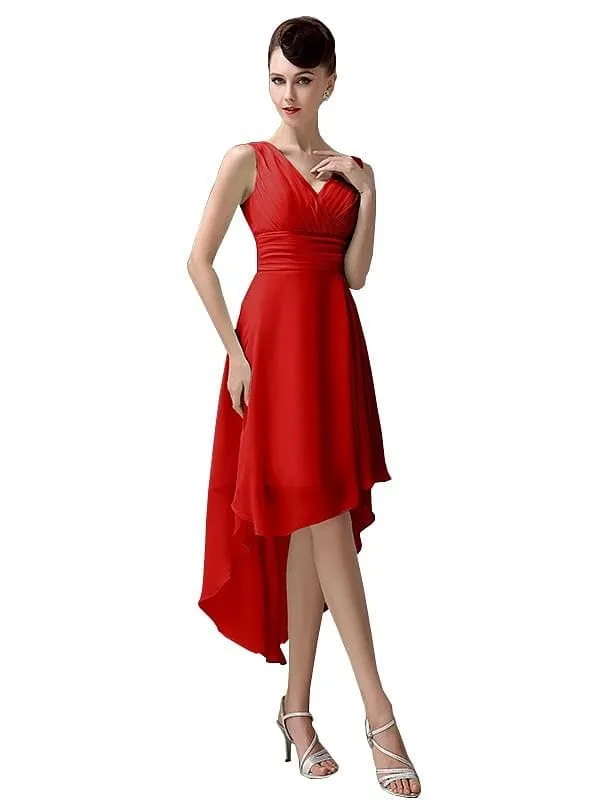 A-line Chiffon V-Neck High-Low Short Beach Bridesmaid Dresses