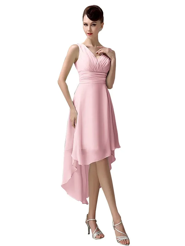 A-line Chiffon V-Neck High-Low Short Beach Bridesmaid Dresses