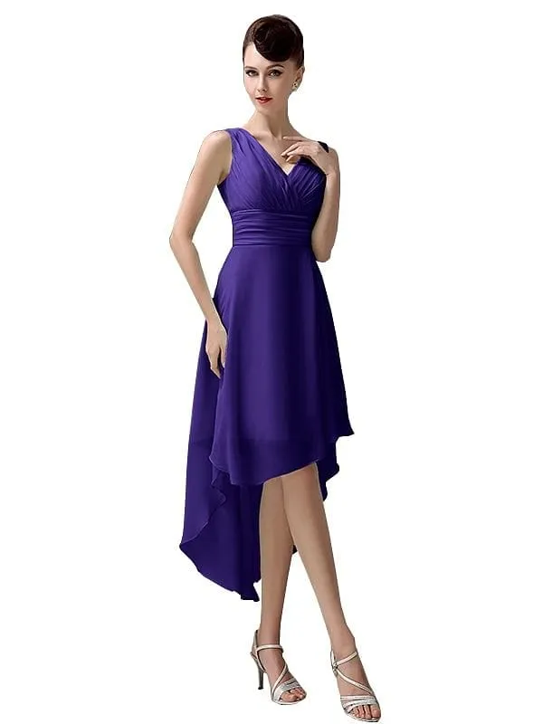 A-line Chiffon V-Neck High-Low Short Beach Bridesmaid Dresses