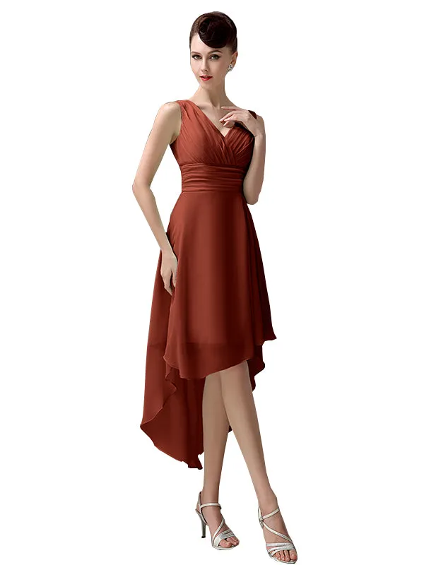 A-line Chiffon V-Neck High-Low Short Beach Bridesmaid Dresses