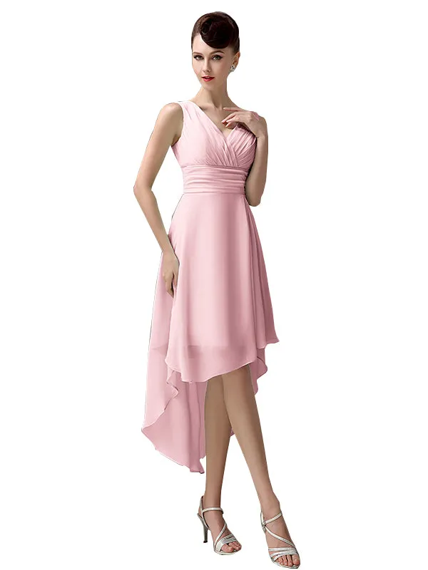 A-line Chiffon V-Neck High-Low Short Beach Bridesmaid Dresses