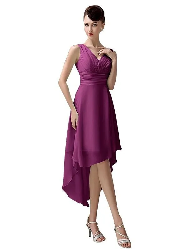 A-line Chiffon V-Neck High-Low Short Beach Bridesmaid Dresses