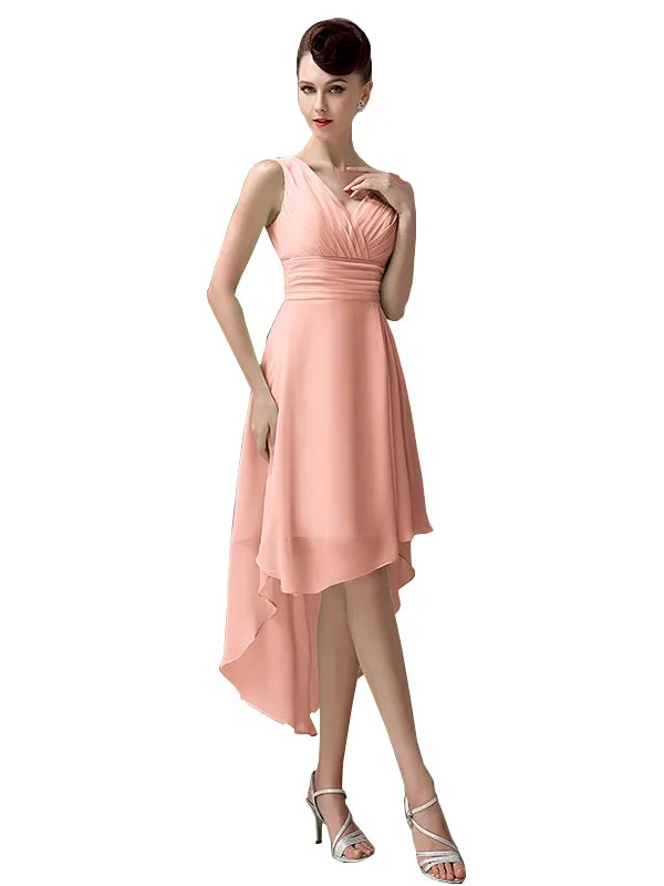 A-line Chiffon V-Neck High-Low Short Beach Bridesmaid Dresses