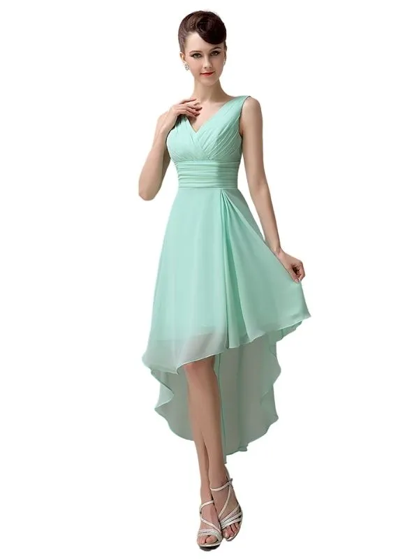 A-line Chiffon V-Neck High-Low Short Beach Bridesmaid Dresses