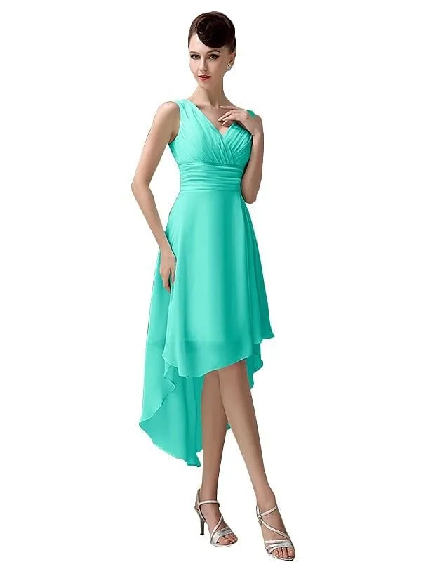 A-line Chiffon V-Neck High-Low Short Beach Bridesmaid Dresses