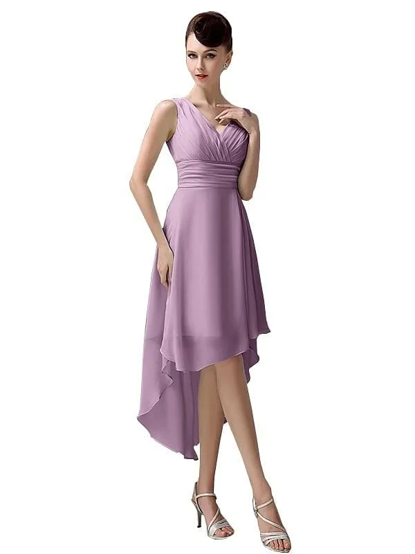 A-line Chiffon V-Neck High-Low Short Beach Bridesmaid Dresses