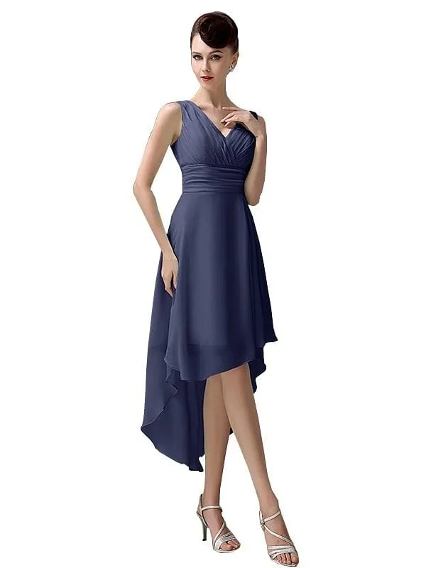A-line Chiffon V-Neck High-Low Short Beach Bridesmaid Dresses