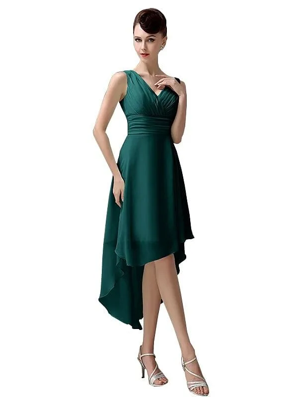 A-line Chiffon V-Neck High-Low Short Beach Bridesmaid Dresses