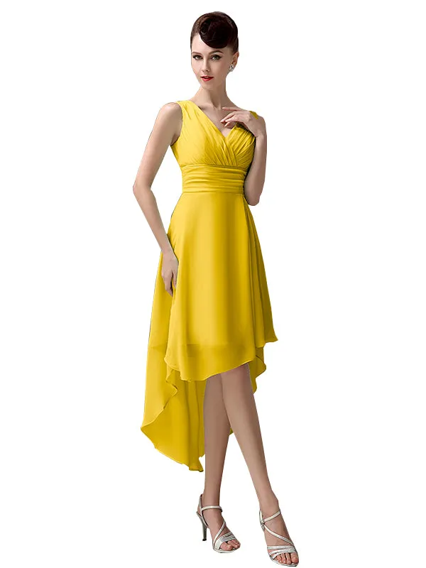 A-line Chiffon V-Neck High-Low Short Beach Bridesmaid Dresses