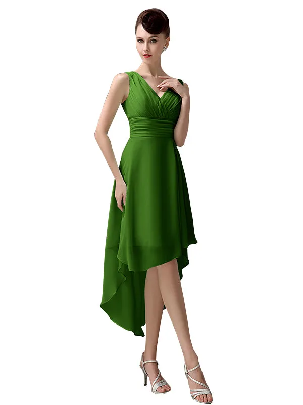 A-line Chiffon V-Neck High-Low Short Beach Bridesmaid Dresses