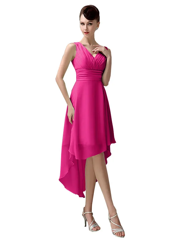 A-line Chiffon V-Neck High-Low Short Beach Bridesmaid Dresses