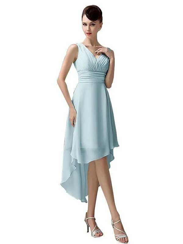 A-line Chiffon V-Neck High-Low Short Beach Bridesmaid Dresses