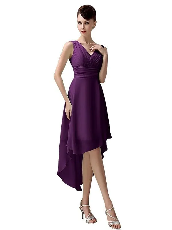 A-line Chiffon V-Neck High-Low Short Beach Bridesmaid Dresses
