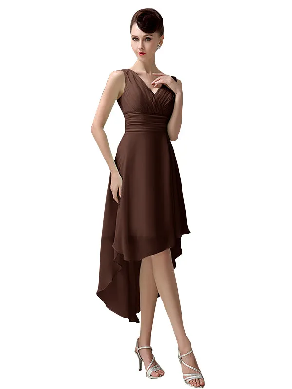 A-line Chiffon V-Neck High-Low Short Beach Bridesmaid Dresses