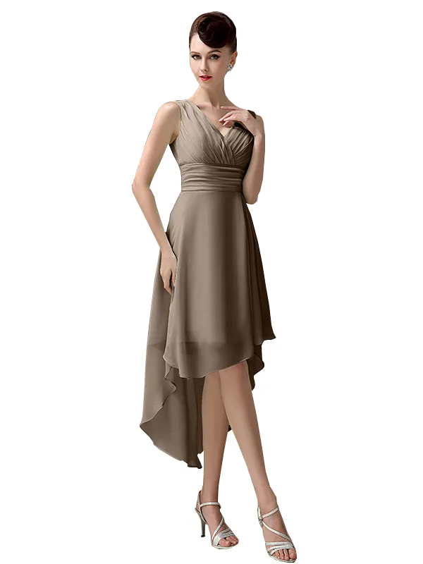 A-line Chiffon V-Neck High-Low Short Beach Bridesmaid Dresses