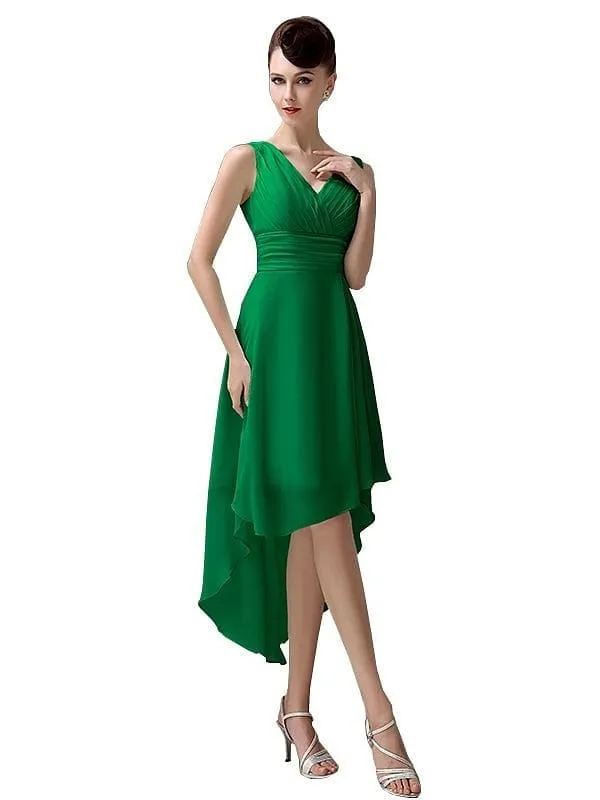 A-line Chiffon V-Neck High-Low Short Beach Bridesmaid Dresses
