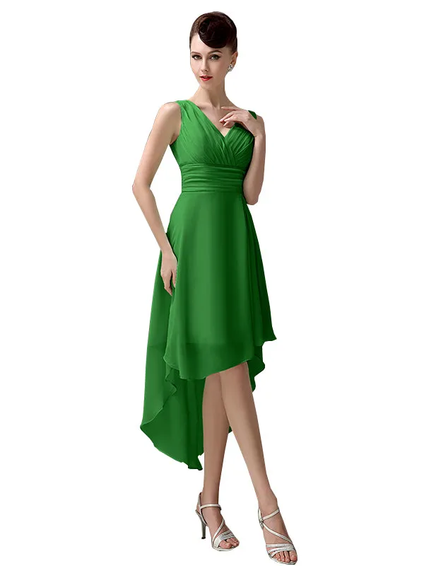 A-line Chiffon V-Neck High-Low Short Beach Bridesmaid Dresses