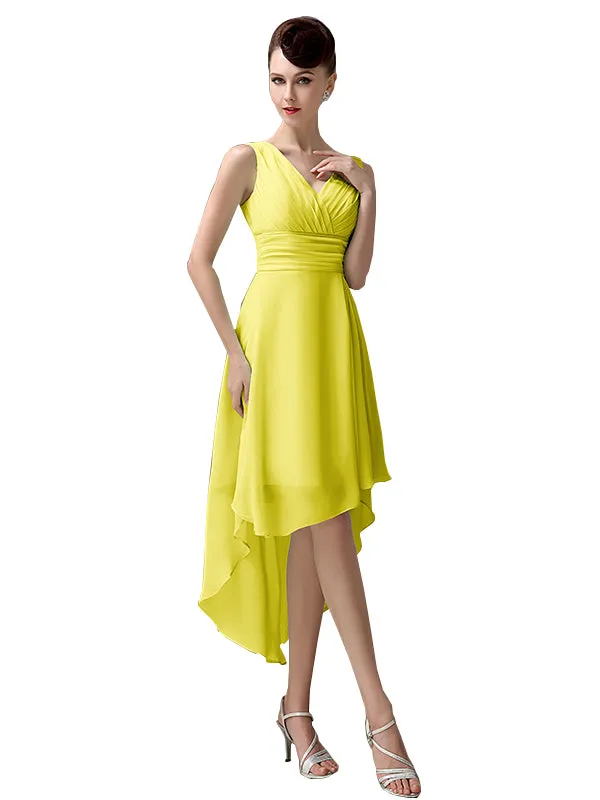 A-line Chiffon V-Neck High-Low Short Beach Bridesmaid Dresses